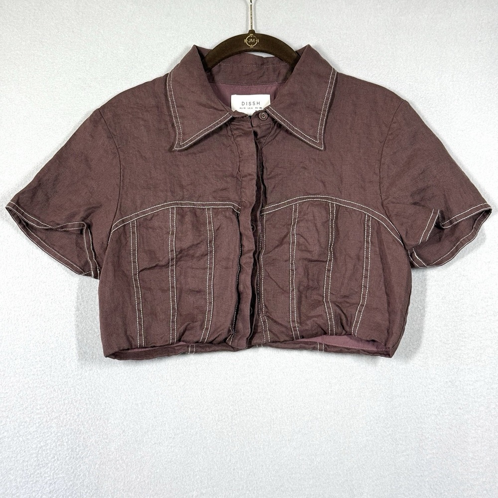 DISSH Top Womens 6 Chai Collection Linen Cropped Chocolate Brown Contrast Stitch